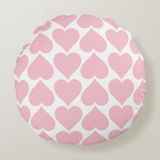 Almofada Redonda Padrão de Corações Rosa, Romântico, Amor (Frente)