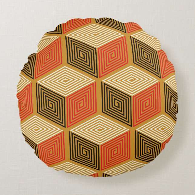 Almofada Redonda Padrão de Cubo Dourado Vermelho (Frente)