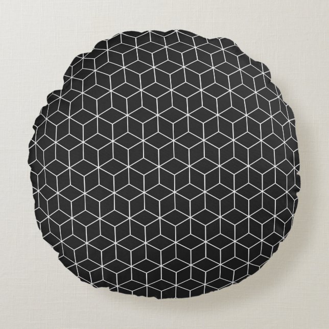 Almofada Redonda Padrão de Cubo Geométrico Preto e Branco (Frente)