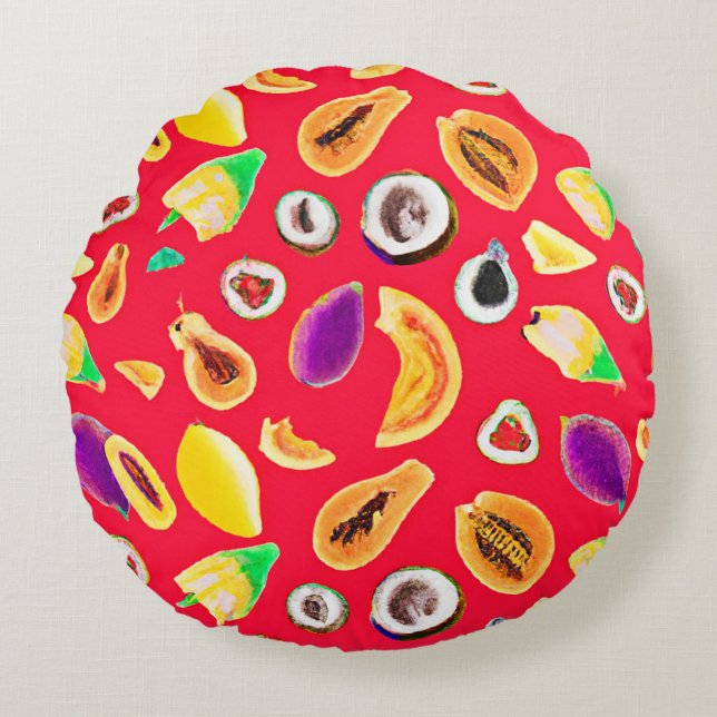 Almofada Redonda Padrão de Delícia de Fruta Vibrante (Frente)