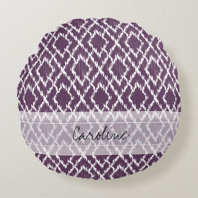 Almofada Redonda Padrão de Diamante de Ikat Tribal Púrpura de Monog (Frente)