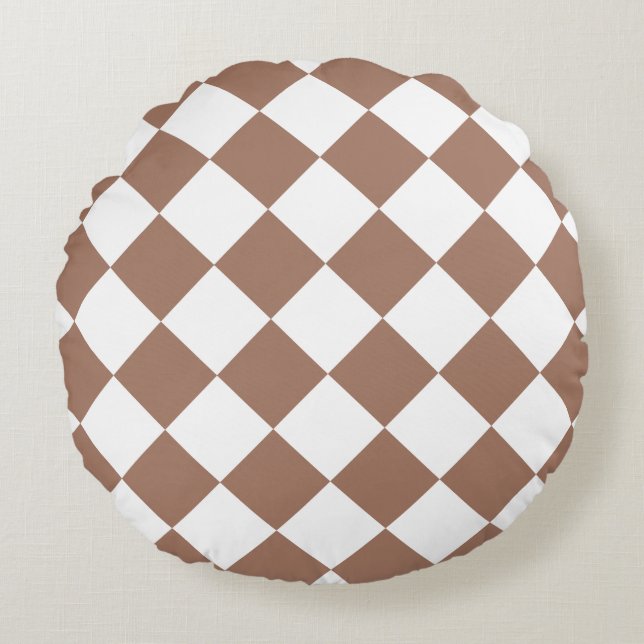 Almofada Redonda Padrão de Diamante em Branco e Mocha Mousse (Frente)