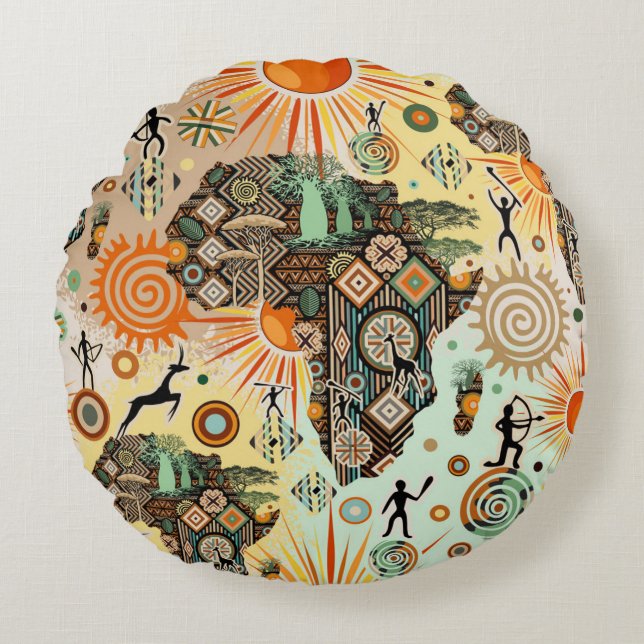 Almofada Redonda Padrão de Elementos Tribais Decorativos do Mapa da (Frente)