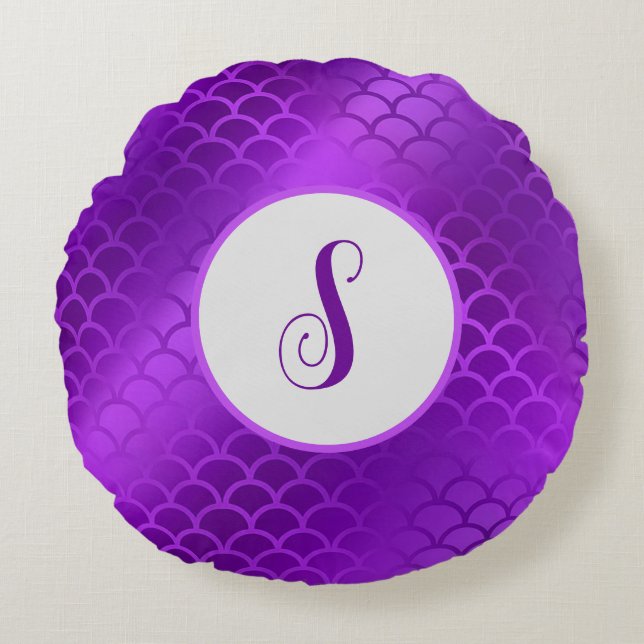 Almofada Redonda Padrão de escalas de sereia roxa inicial personali (Frente)