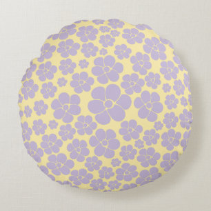 Almofada Redonda Padrão de Flor - Amarelo e Púrpura Pastel