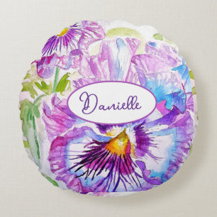 Almofada Redonda Padrão de Flor de Pensamento Roxo Aquarela Azul Me
