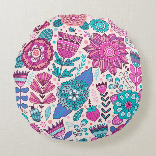 Almofada Redonda Padrão de flor de vindima. Textura botânica sem co (Frente)