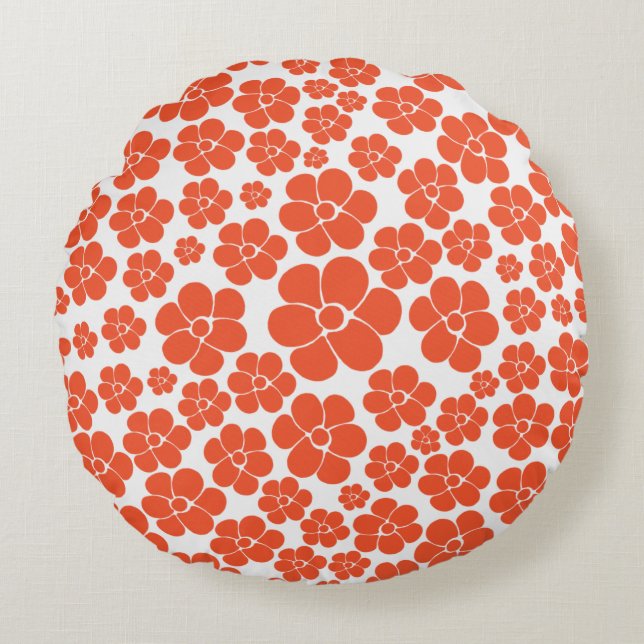 Almofada Redonda Padrão de Flor - Laranja e Branco (Frente)