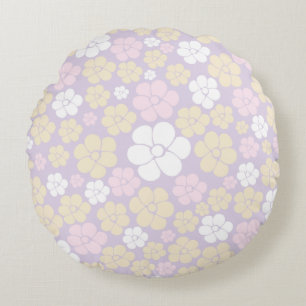 Almofada Redonda Padrão de Flor - Pink Pastel, Amarelo e Roxo