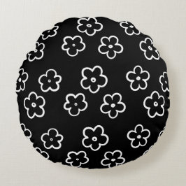 Almofada Redonda Padrão de Flor Preto e Branco