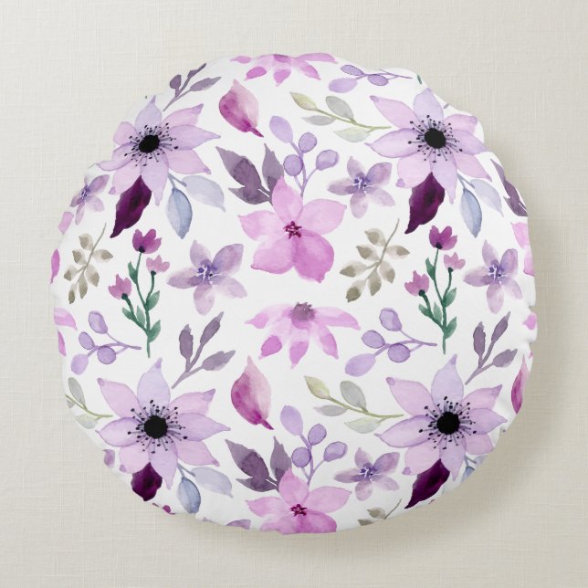 Almofada Redonda Padrão de Flor Rosa e Roxa Elegante (Frente)
