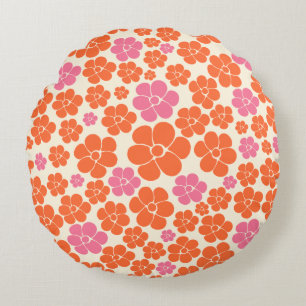 Almofada Redonda Padrão de Flor - Rosa, Laranja e Creme