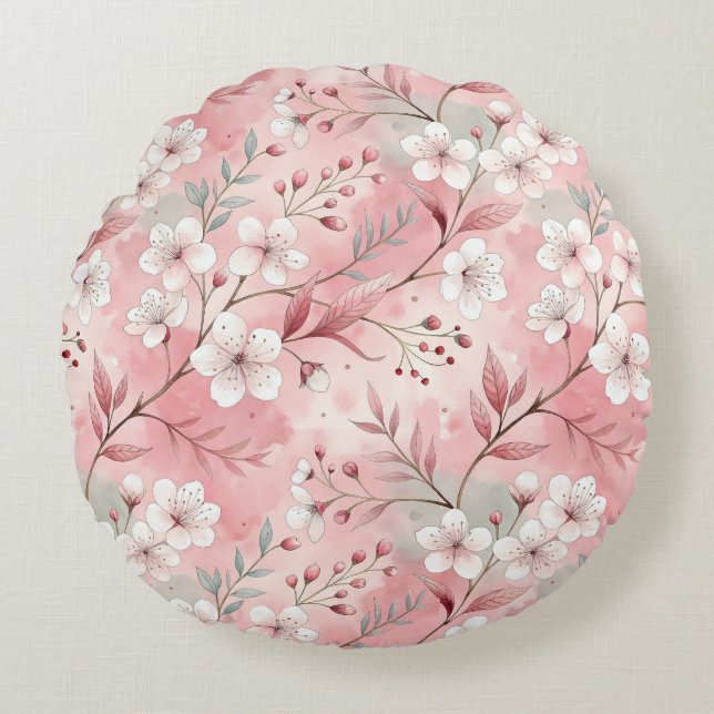Almofada Redonda Padrão de flor sakura cor-de-rosa (Frente)