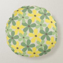 Almofada Redonda Padrão de Flor Verde Amarelo Retroativo Y2K 70s