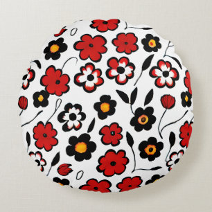 Almofada Redonda Padrão de Flor Vermelho, Preto e Branco