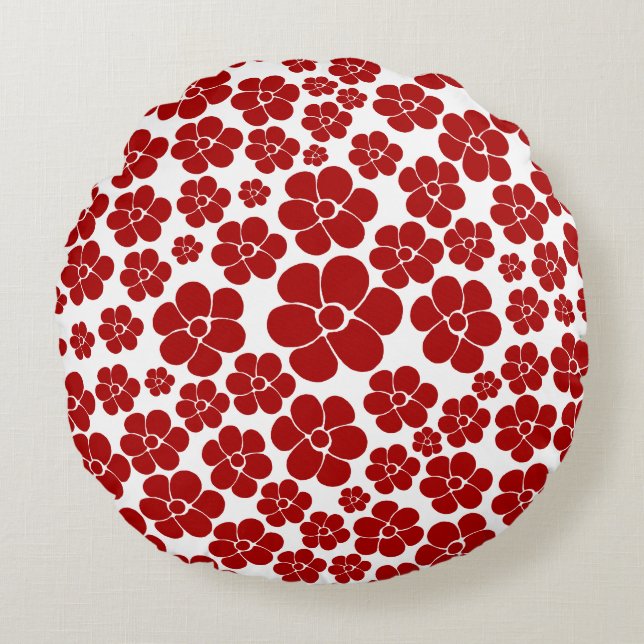 Almofada Redonda Padrão de Flores em Vermelho e Branco (Frente)