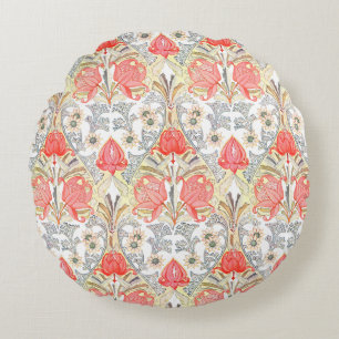 Almofada Redonda Padrão de Flores Vermelhas de Coral Vintage