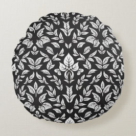 Almofada Redonda Padrão de Folha Branca e Preta Elegante