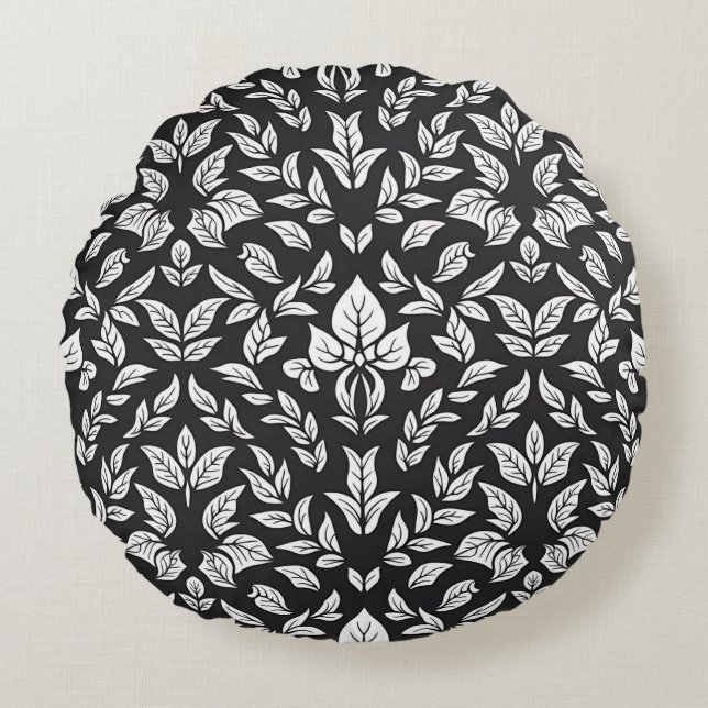 Almofada Redonda Padrão de Folha Branca e Preta Elegante (Frente)