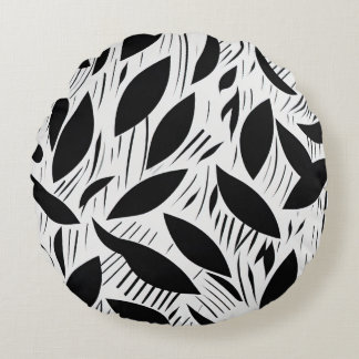Almofada Redonda Padrão de Folha Mínimo Moderno Preto e Branco