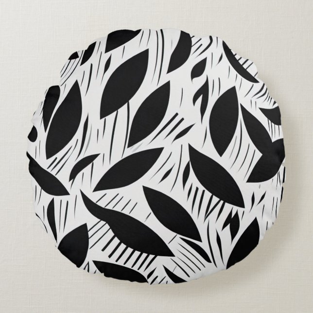 Almofada Redonda Padrão de Folha Mínimo Moderno Preto e Branco (Frente)
