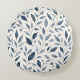 Almofada Redonda Padrão de Folhas Elegantes em Aquarela Azul