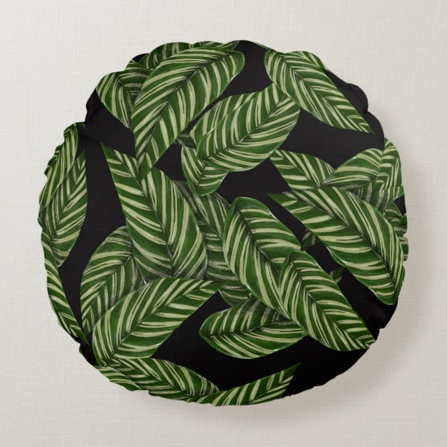 Almofada Redonda Padrão de Folhas Tropicais (Frente)