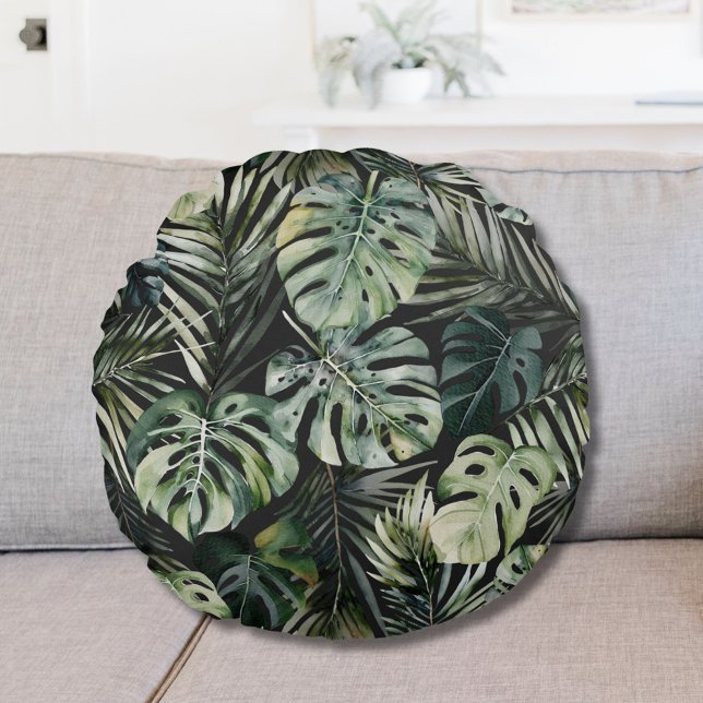 Almofada Redonda Padrão de Folhas Tropicais Verde de Aquarela (In situ)
