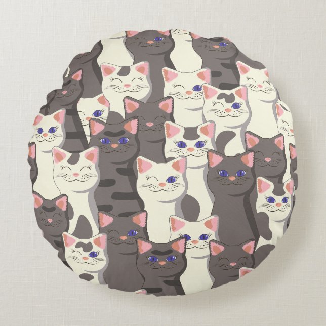 Almofada Redonda Padrão de gatos brancos e cinzas (Frente)