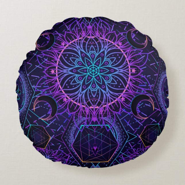 Almofada Redonda Padrão de Geometria Sagrada sem falhas. Símbolos h (Frente)