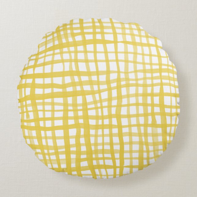 Almofada Redonda Padrão de Gingham em amarelo (Frente)