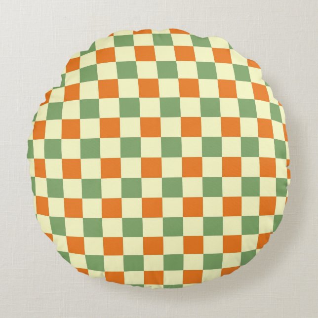 Almofada Redonda Padrão de Gingham - Laranja Verde Marrom (Frente)