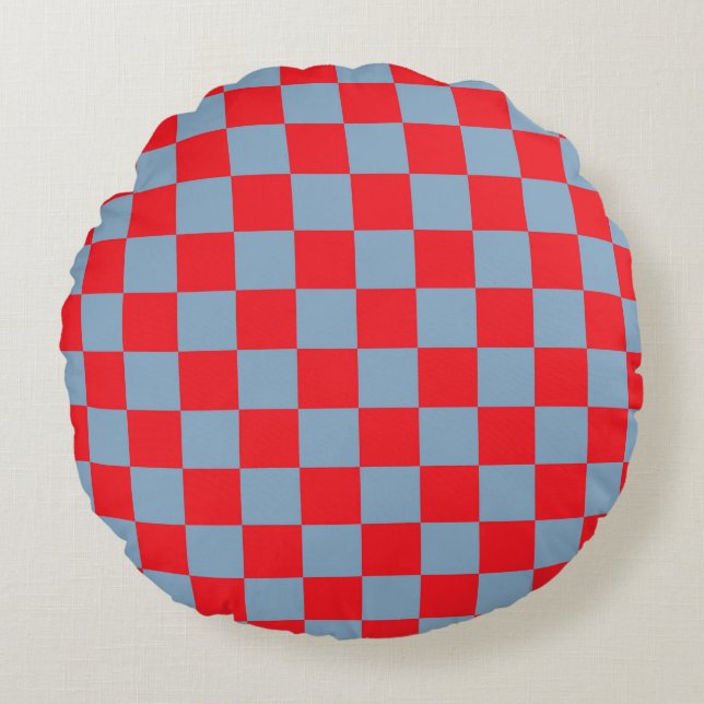 Almofada Redonda Padrão de Gingham Verificado com Azul Vermelho (Frente)