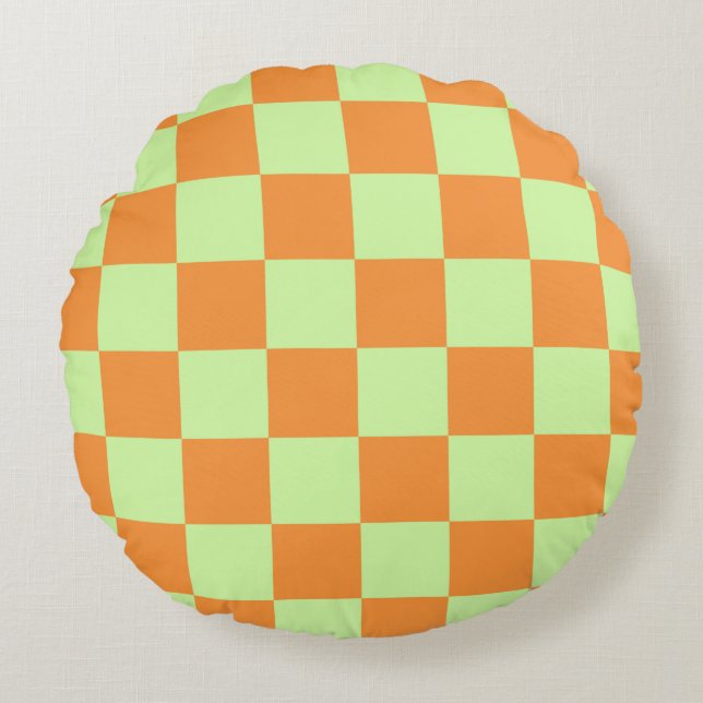 Almofada Redonda Padrão de Gingham Verificado em Laranja Verde (Frente)