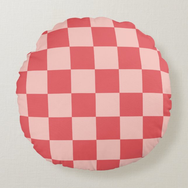 Almofada Redonda Padrão de Gingham Vermelhos Rosa Verificado (Frente)