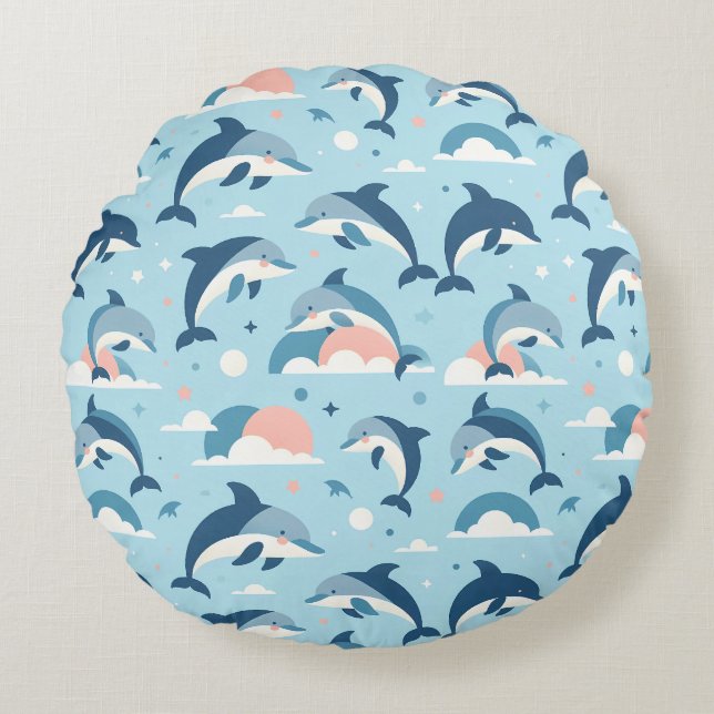 Almofada Redonda Padrão de golfinhos reproduzíveis (Frente)