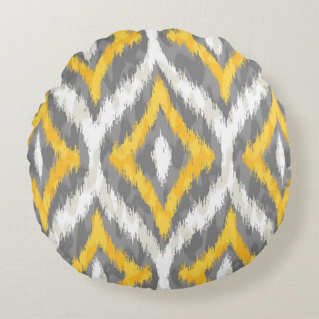Almofada Redonda Padrão De Ikat Quatrefoil Na Cinza E Amarelo (Frente)