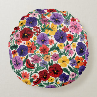 Almofada Redonda Padrão de Jardim Floral de Pensamentos de Primaver