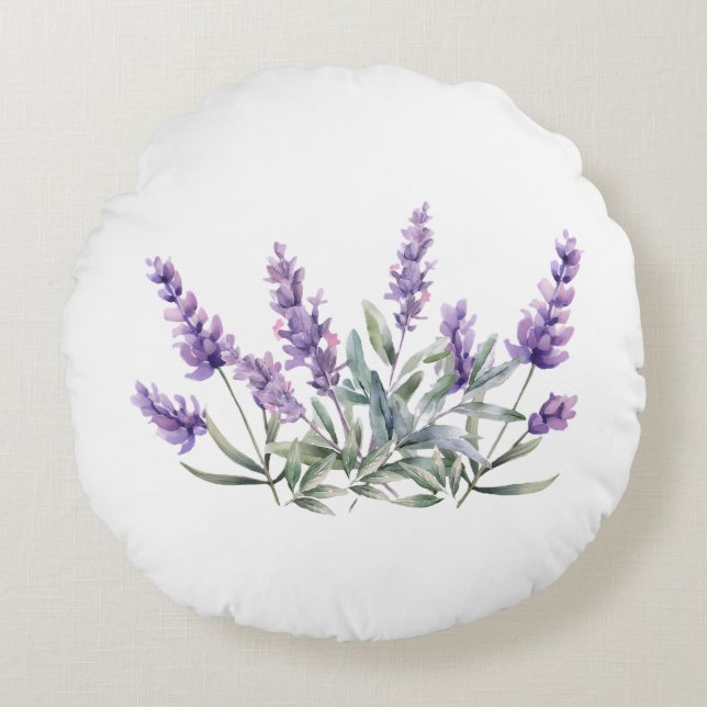 Almofada Redonda Padrão de Lavanda francês. Aquarela (Frente)