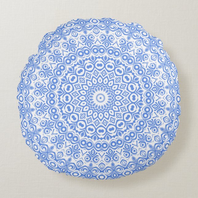 Almofada Redonda Padrão de Mandala Azul Centáurea (Frente)