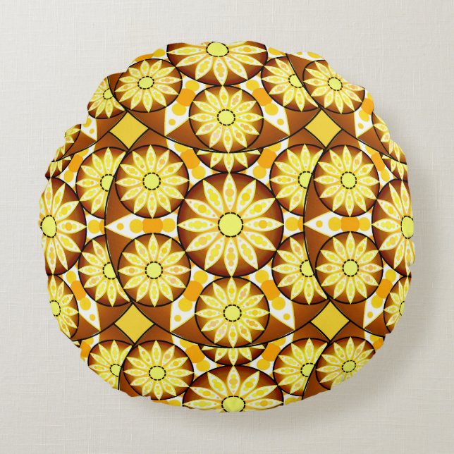 Almofada Redonda padrão de mandala, tons de marrom e dourado (Frente)