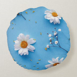 Almofada Redonda Padrão de margarida floral - Azul claro