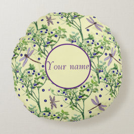 Almofada Redonda Padrão de mirtilo com libélulas