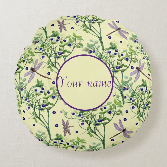 Almofada Redonda Padrão de mirtilo com libélulas (Frente)