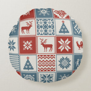 Almofada Redonda Padrão de Natal no estilo de retalhos. Tradiciona