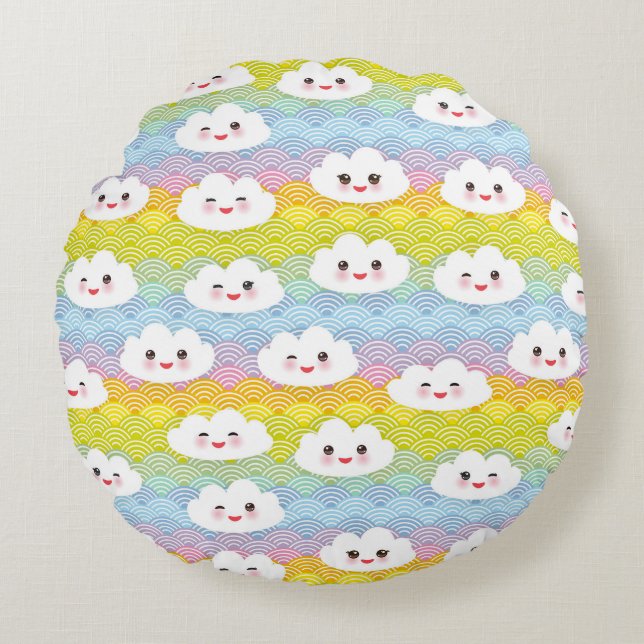 Almofada Redonda Padrão de Nuvens de Emoji Kawaii Colorido Fofo (Frente)