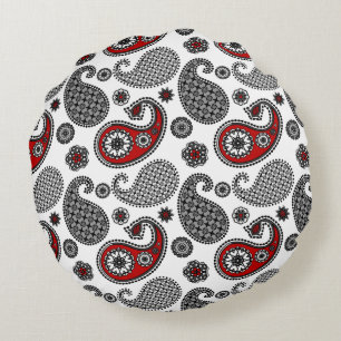 Almofada Redonda Padrão de Paisley, Preto, Branco e Vermelho