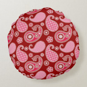 Almofada Redonda Padrão de Paisley, Vermelho Escuro, Rosa e Branco