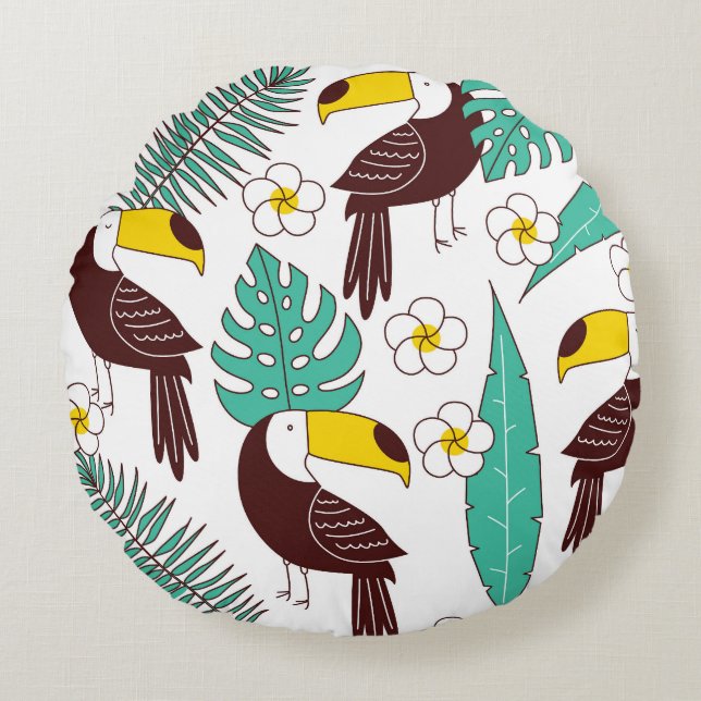 Almofada Redonda Padrão de Palma da Pintura do Toucan Orchid (Frente)