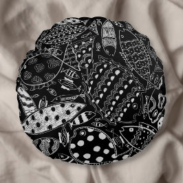 Almofada Redonda Padrão de Peixes Preto e Branco Arte Moderna